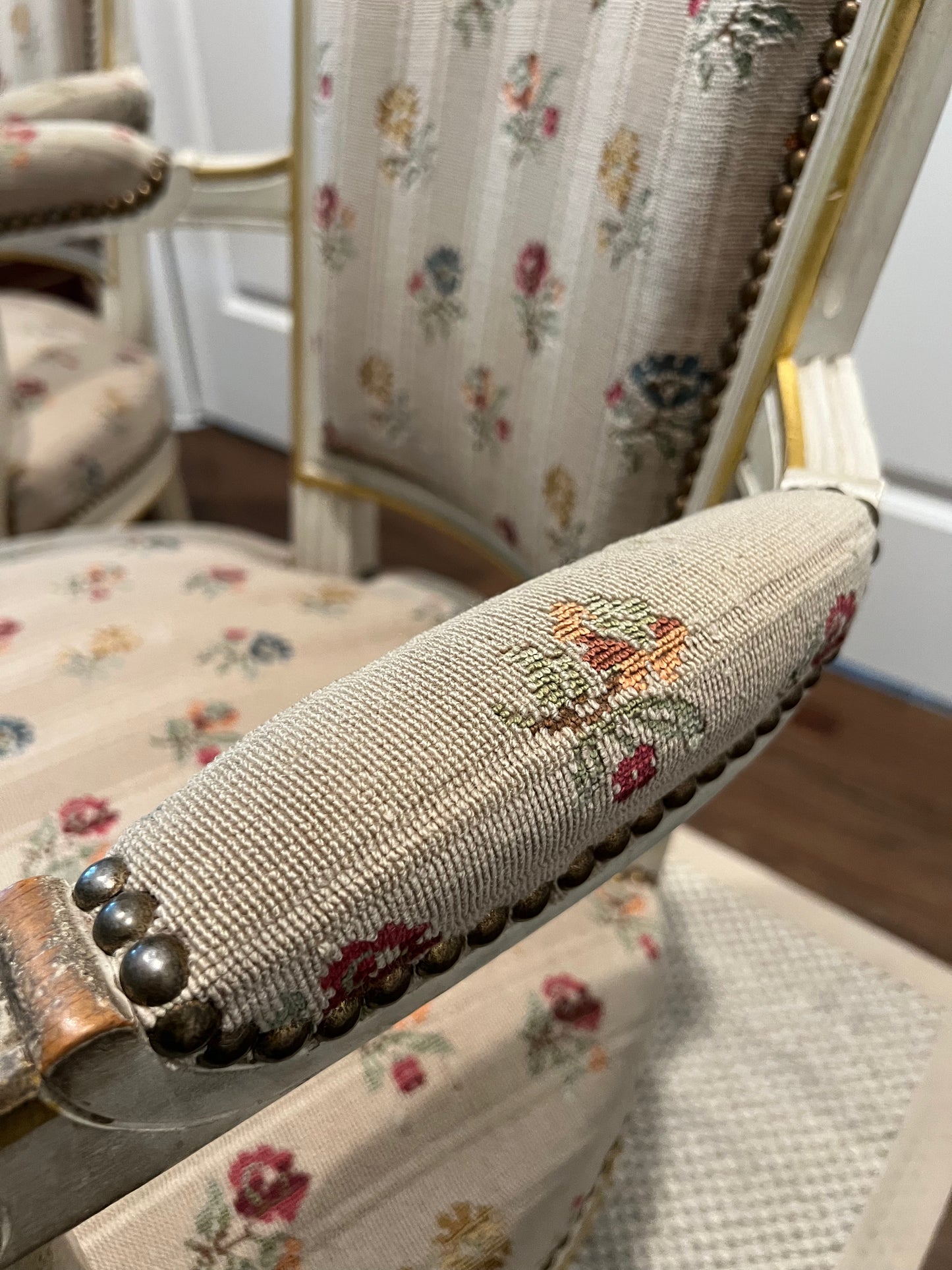 Louis XVI Style Pair of Painted Arm Chairs