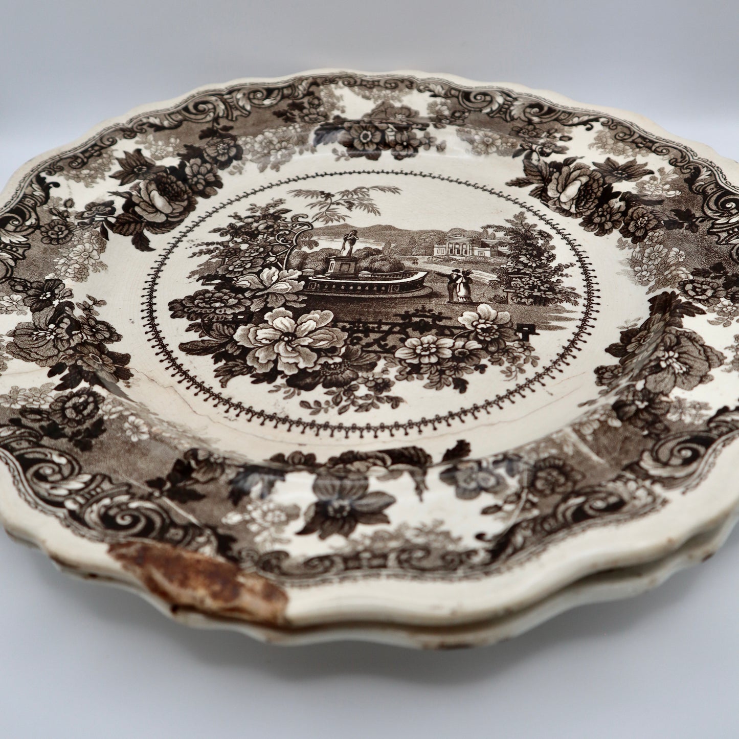 Antique Brown Black Transferware Plates Virginia Pattern 10.5”