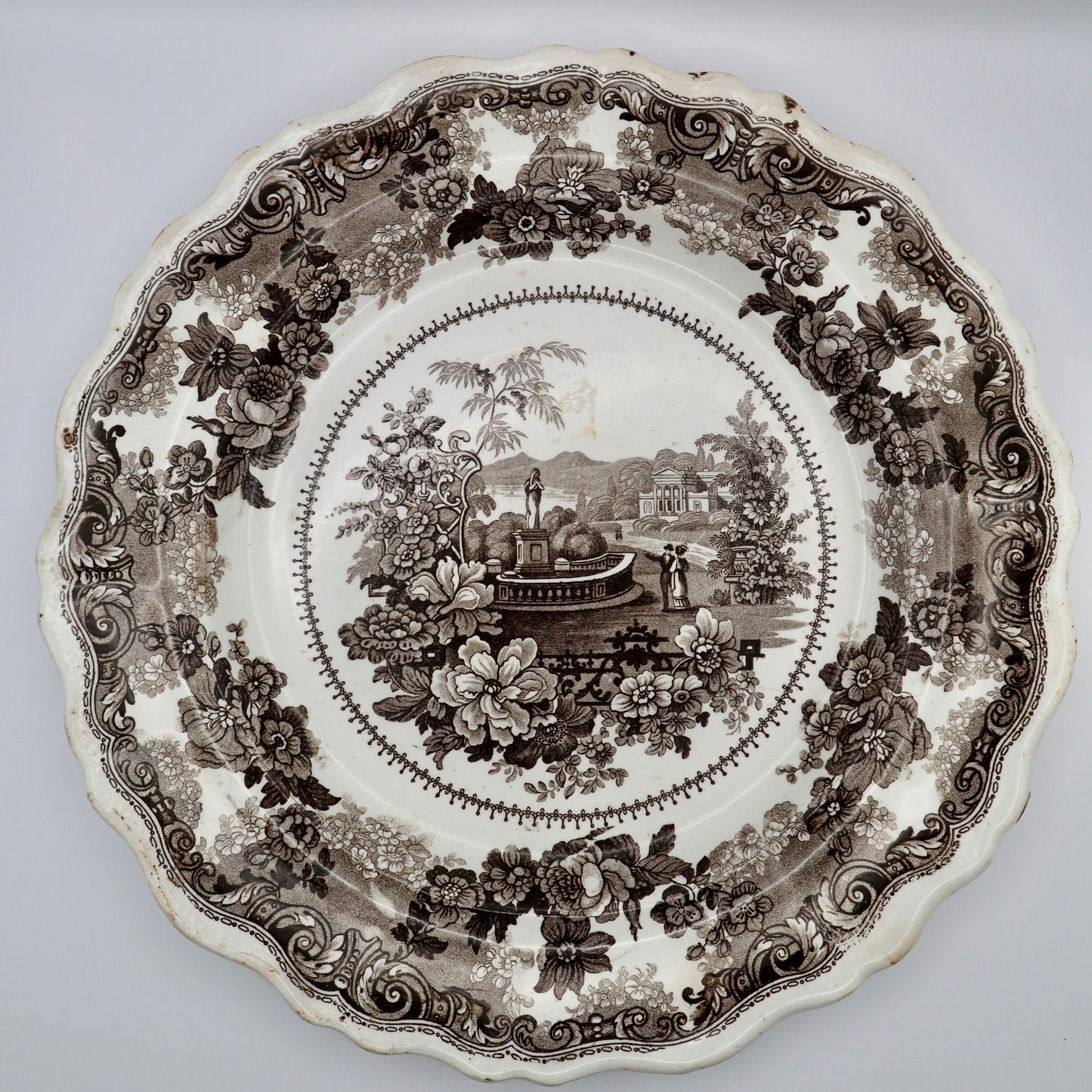 Antique Brown Black Transferware Plates Virginia Pattern 10.5”
