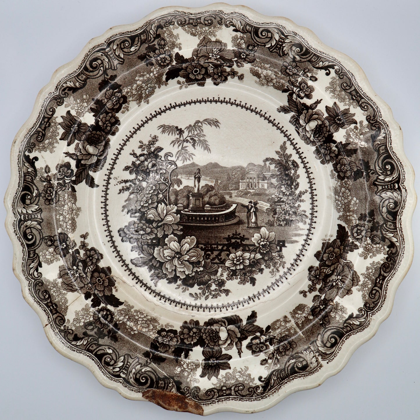 Antique Brown Black Transferware Plates Virginia Pattern 10.5”
