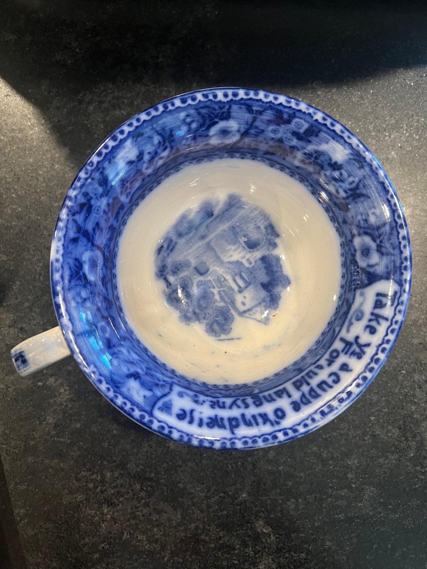 R&M Rowland Marsellus Flow Blue Take Ye A Cuppe Sttafordshire Mug Victorian Cup