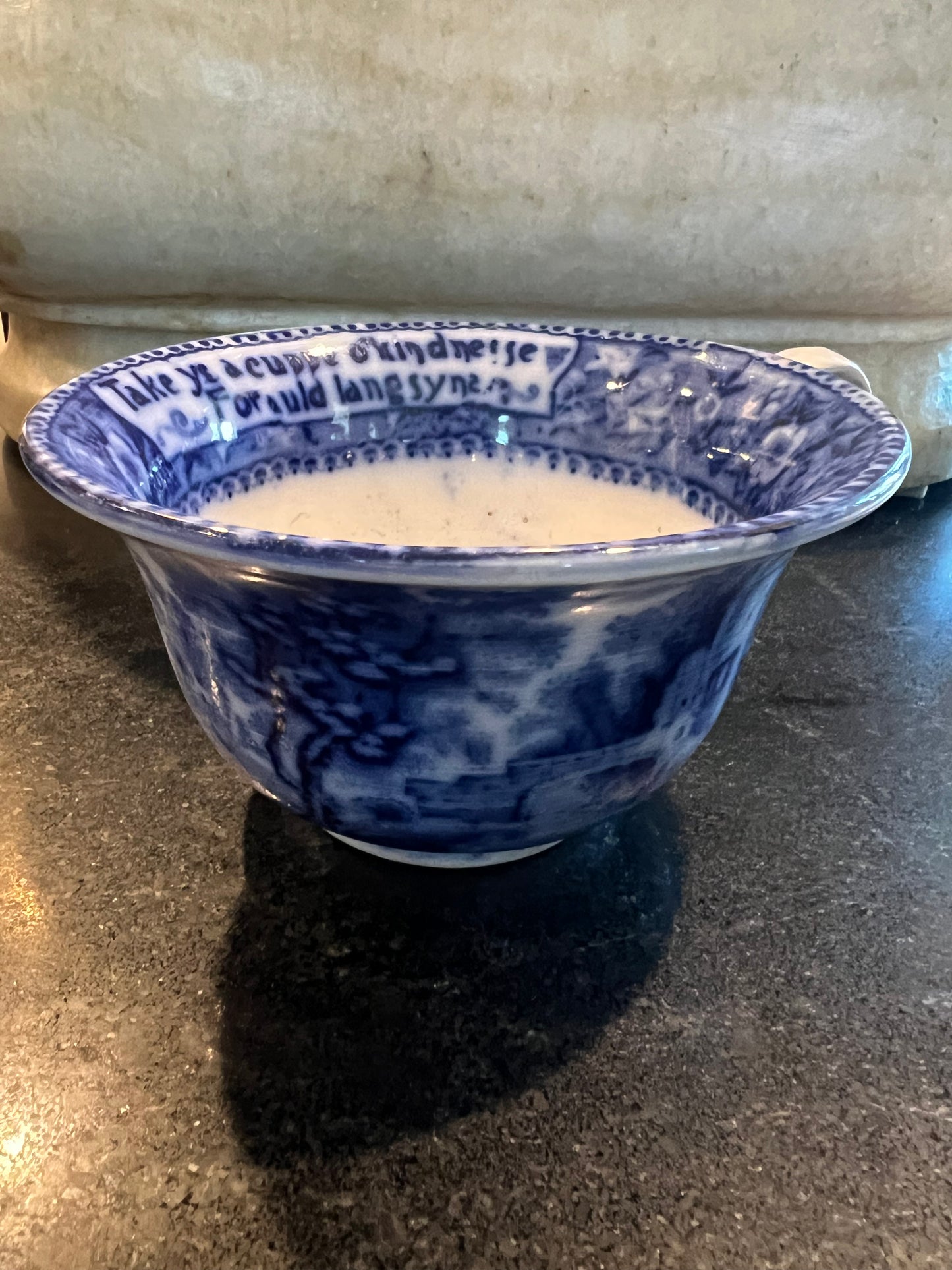 R&M Rowland Marsellus Flow Blue Take Ye A Cuppe Sttafordshire Mug Victorian Cup