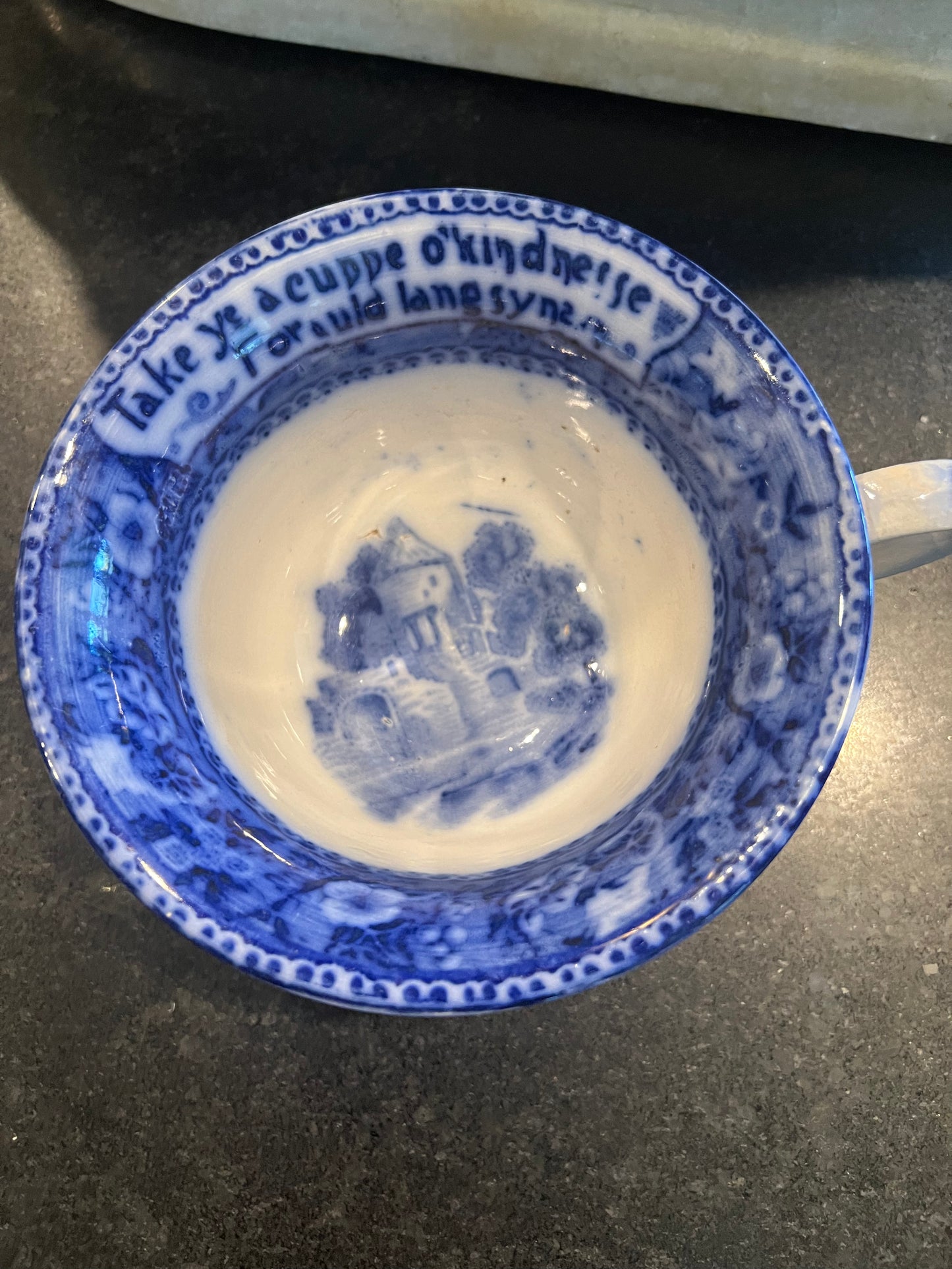 R&M Rowland Marsellus Flow Blue Take Ye A Cuppe Sttafordshire Mug Victorian Cup
