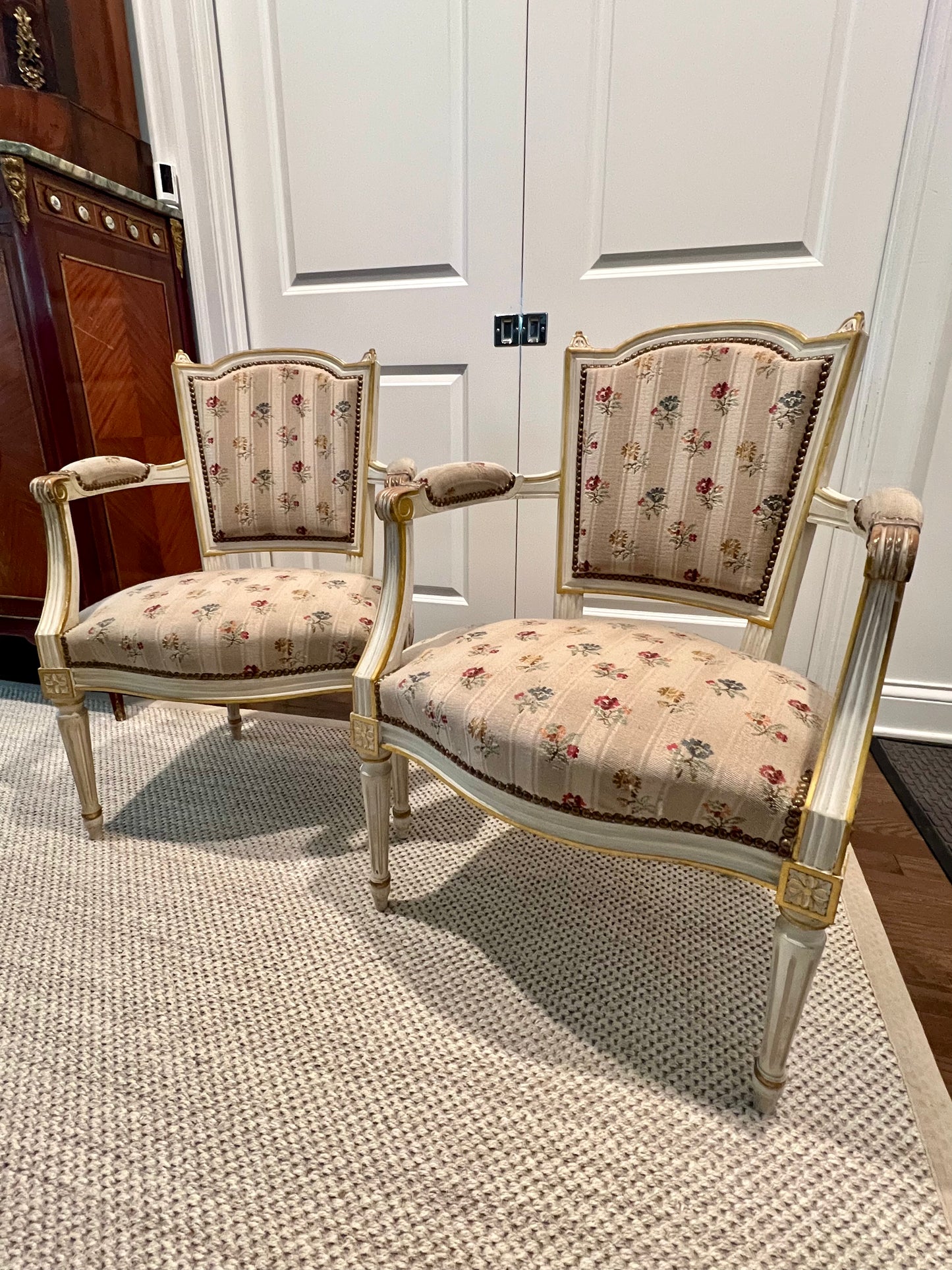 Louis XVI Style Pair of Painted Arm Chairs