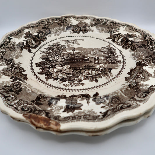 Antique Brown Black Transferware Plates Virginia Pattern 10.5”