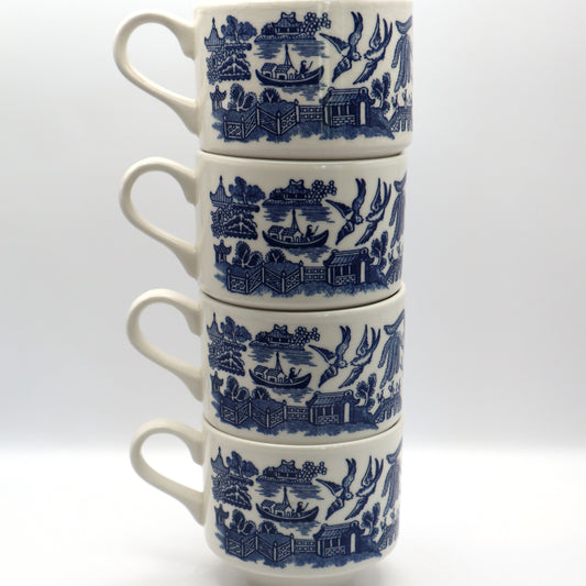 Set of (4) Blue Willow Mugs with Saucers