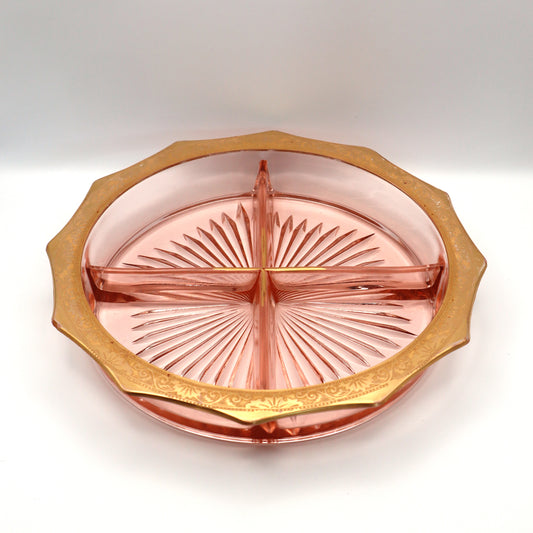 Pink Depression Glass Divided Plate with Gold Trim