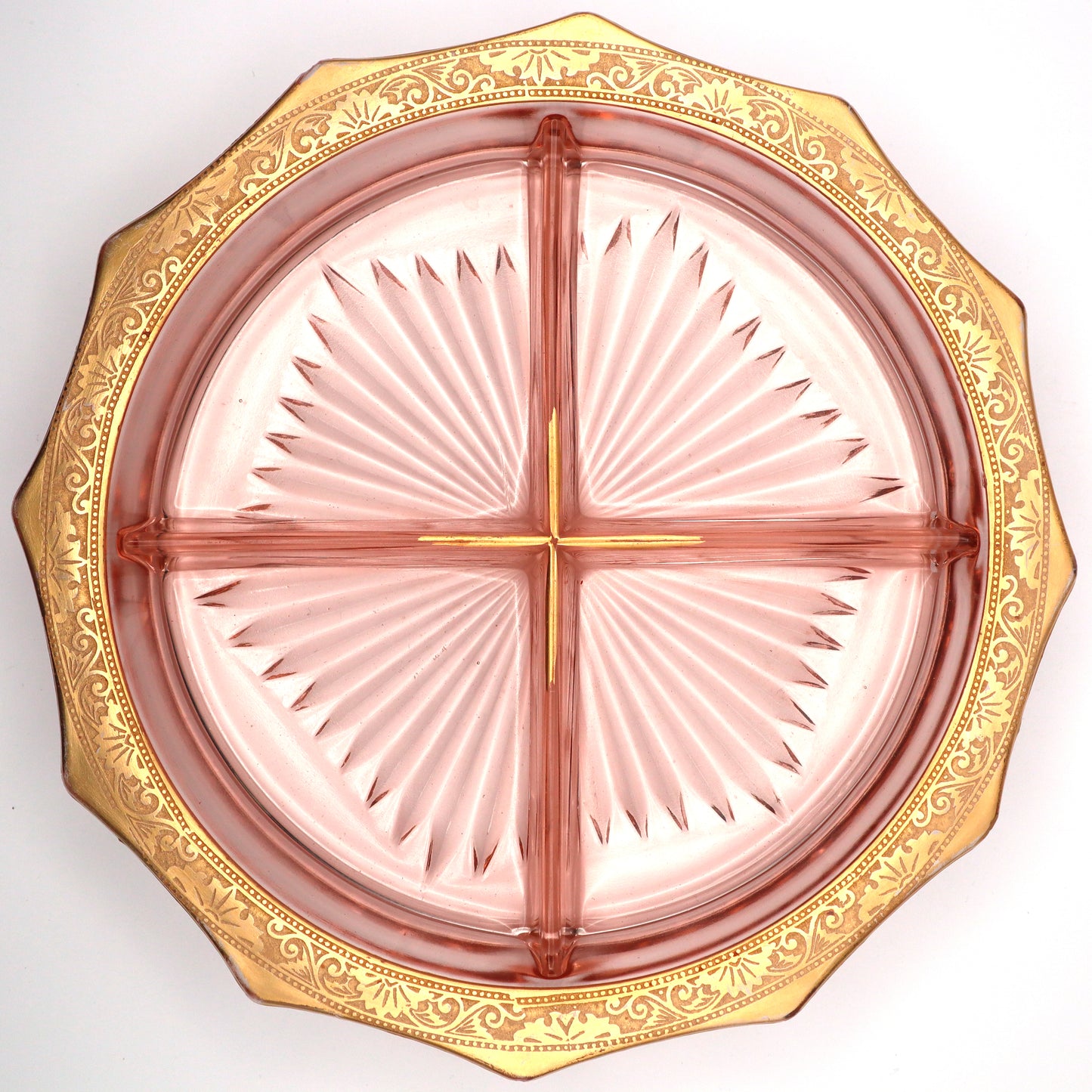 Pink Depression Glass Divided Plate with Gold Trim